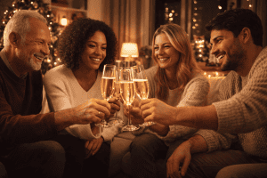 Happy New Year 2026 small group of friends or family sharing a toast at home with warm lighting and genuine smiles
